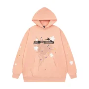 Front view of the Sp5der SP5 Bellini Hoodie in baby pink with a signature graphic print and comfortable loose fit.