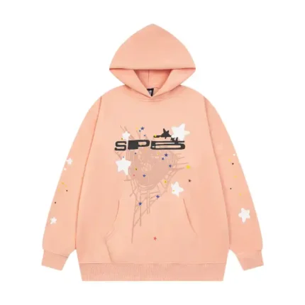 Front view of the Sp5der SP5 Bellini Hoodie in baby pink with a signature graphic print and comfortable loose fit.