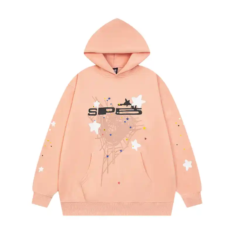 Sp5der SP5 Bellini Hoodie Baby Pink Front View Front view of the Sp5der SP5 Bellini Hoodie in baby pink with a signature graphic print and comfortable loose fit.