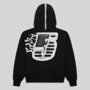 Back view of the Sp5der Screaming Eagle black hoodie featuring a large rhinestone-embellished flaming 5 graphic.