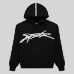 Front view of the Sp5der Screaming Eagle black hoodie with metallic rhinestone logo and sleeve spray-effect stripes.
