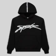 Front view of the Sp5der Screaming Eagle black hoodie with metallic rhinestone logo and sleeve spray-effect stripes.