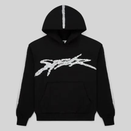 Front view of the Sp5der Screaming Eagle black hoodie with metallic rhinestone logo and sleeve spray-effect stripes.