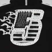 Sp5der Screaming Eagle Black Hoodie featuring a detailed flaming 5 graphic embellished with sparkling rhinestones