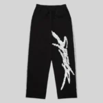 Front view of Sp5der Screaming Eagle sweatpants in black featuring iconic rhinestone logo and sprayed side stripe detail.