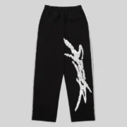 Front view of Sp5der Screaming Eagle sweatpants in black featuring iconic rhinestone logo and sprayed side stripe detail.