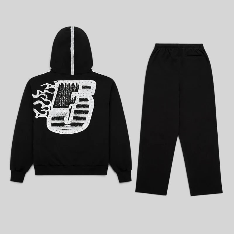 Back view of the Sp5der Screaming Eagle Tracksuit in black featuring a rhinestone graphic print on the hoodie.