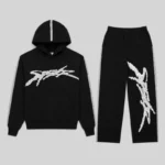 Sp5der Screaming Eagle Tracksuit in Black featuring signature rhinestone SP5DER branding and premium heavyweight fleece.