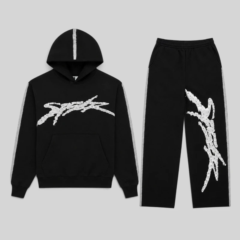 Sp5der Screaming Eagle Tracksuit in Black featuring signature rhinestone SP5DER branding and premium heavyweight fleece.