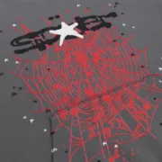 Close-up of the grey Sp5der Splat Punk Hoodie front graphic featuring a bold red spider web, puff print, and stars.