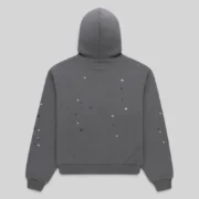 The back view of the slate grey Sp5der Splat Punk Hoodie featuring scattered star graphic prints on cotton fleece.