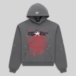 Front view of the slate grey Sp5der Splat Punk hoodie featuring a graphic spider web design and branding on the hood.