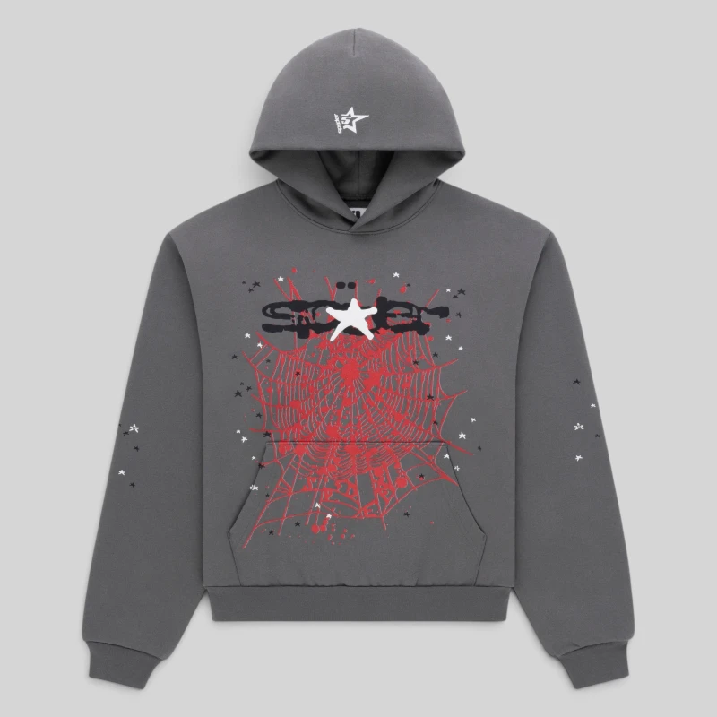 Sp5der Splat Punk Hoodie Slate Grey Front View Front view of the slate grey Sp5der Splat Punk hoodie featuring a graphic spider web design and branding on the hood.