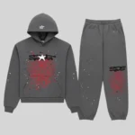 Sp5der Splat Punk Tracksuit in Slate, featuring a graphic hoodie and matching joggers with red web print and star accents.