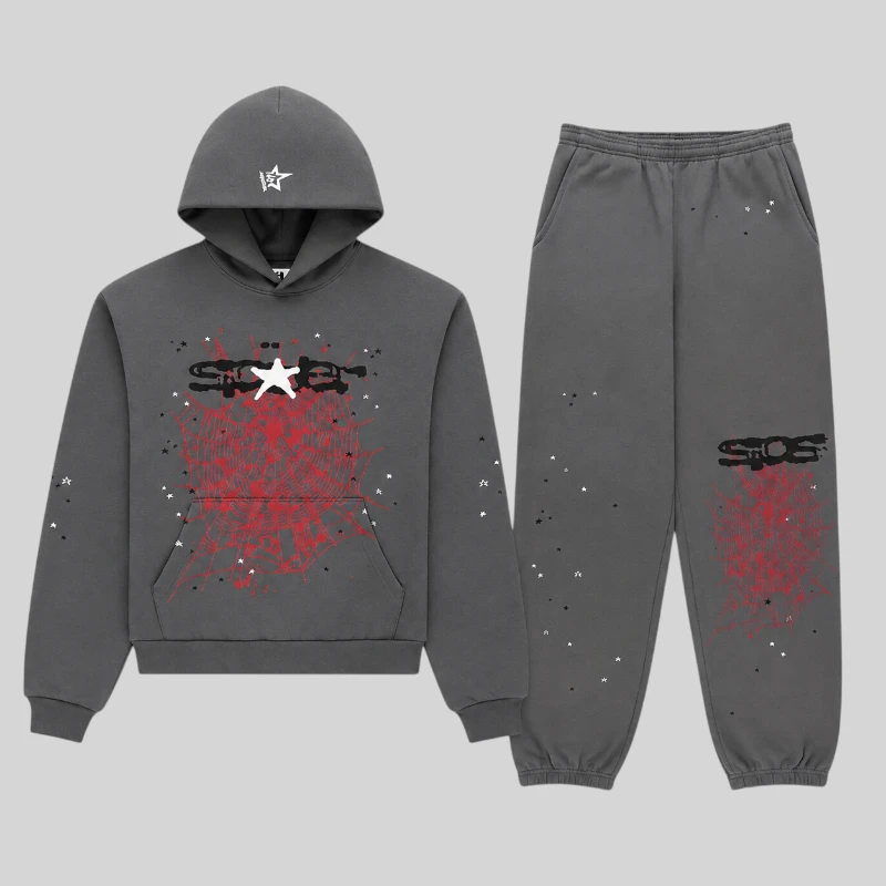Sp5der Splat Punk Tracksuit in Slate, featuring a graphic hoodie and matching joggers with red web print and star accents.
