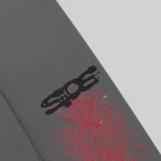 Closeup view of the Sp5der Splat Punk sweatpants in slate grey featuring signature web and splatter graphic details.
