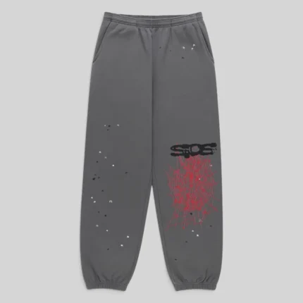 Front view of the Sp5der Splat Punk Sweatpants in Slate color featuring signature red web and star graphic detailing.