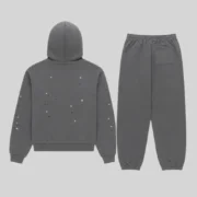 Back view of the Slate Sp5der Splat Punk tracksuit featuring 13oz cotton fleece, iconic star graphics, and grey colorway.