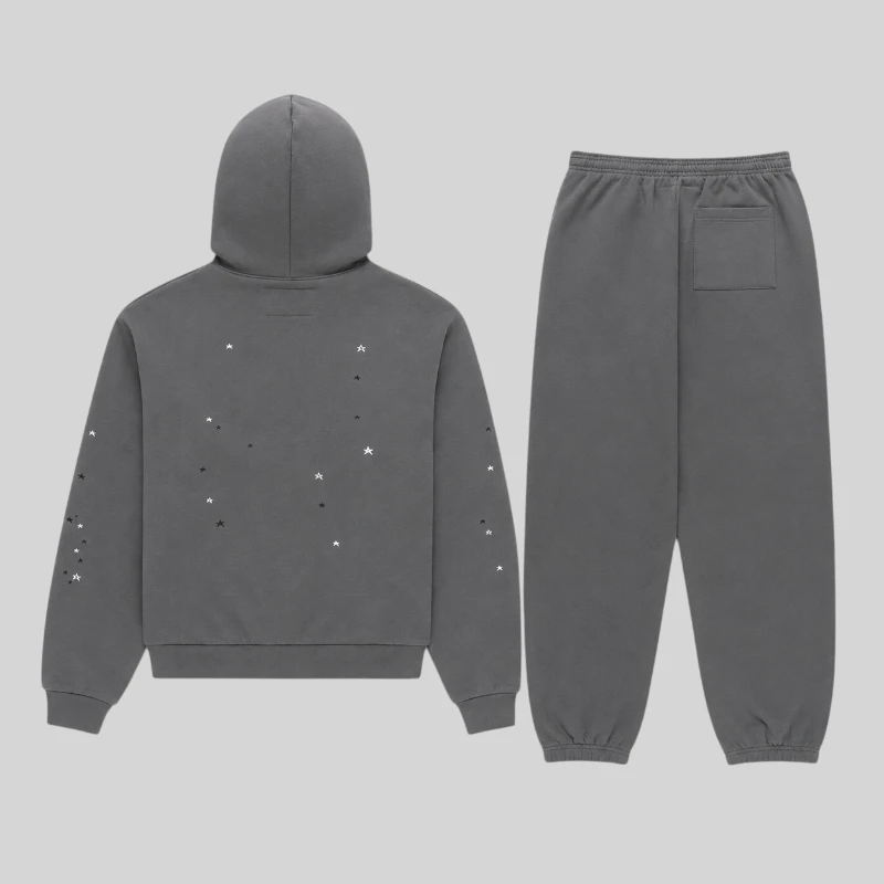 Back view of the Slate Sp5der Splat Punk tracksuit featuring 13oz cotton fleece, iconic star graphics, and grey colorway.