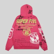 Back view of the Sp5der Stencil Hoodie in pink featuring bold graphic prints and star detailing from the FW25 collection.