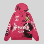 Front view of the Sp5der Stencil Hoodie in Pink, featuring bold black graphic prints and star designs from the FW25 line.