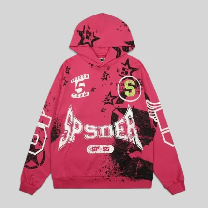 Front view of the Sp5der Stencil Hoodie in Pink, featuring bold black graphic prints and star designs from the FW25 line.