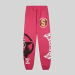 Sp5der Stencil Sweatpants in Pink featuring a relaxed fit, bold graphic stencil prints, and high-quality cotton fleece.