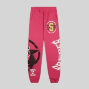 Sp5der Stencil Sweatpants in Pink featuring a relaxed fit, bold graphic stencil prints, and high-quality cotton fleece.