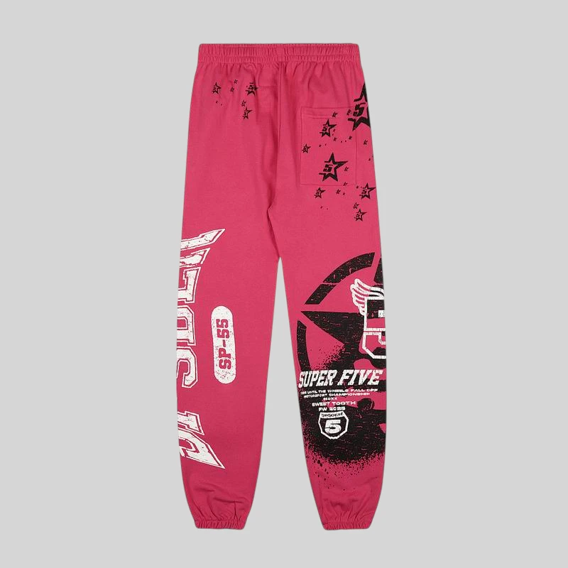 Back view of the Sp5der Stencil Sweatpants in Pink featuring a bold graphic print design and comfortable fit.