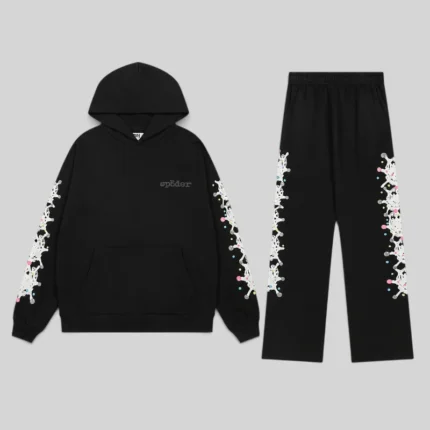 Front view of the Sp5der Stone Tracksuit in Black, a premium 13oz cotton fleece streetwear set with web graphics.