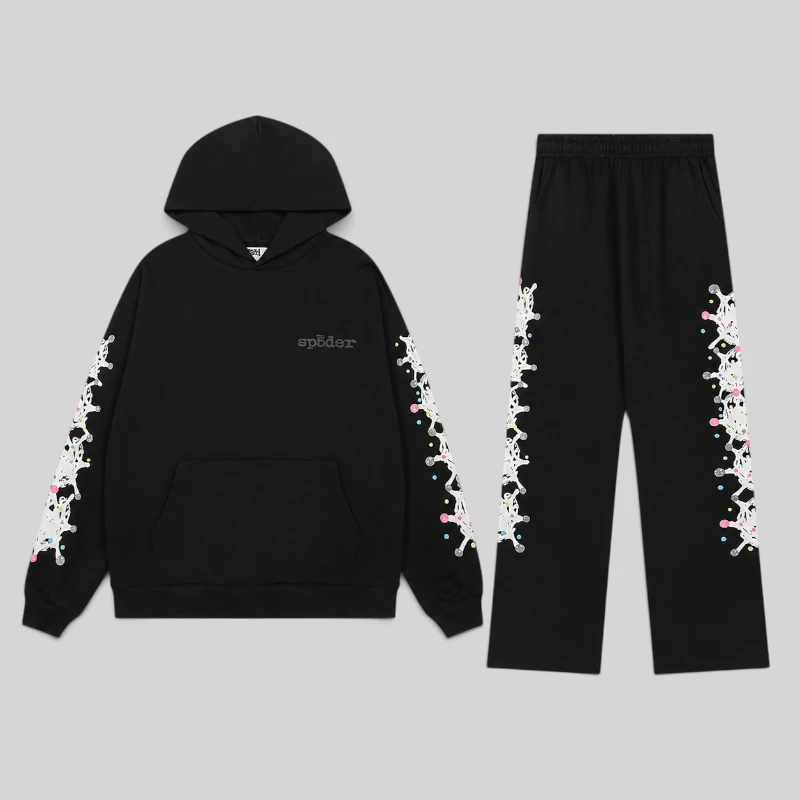 Front view of the Sp5der Stone Tracksuit in Black, a premium 13oz cotton fleece streetwear set with web graphics.
