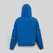 Back view of the Sp5der Beluga Hoodie in TC Blue made from 13oz cotton fleece with streetwear graphic sleeve details