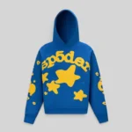 Front view of the Sp5der Beluga Hoodie in TC Blue featuring iconic yellow star graphics and lettering on blue fleece.