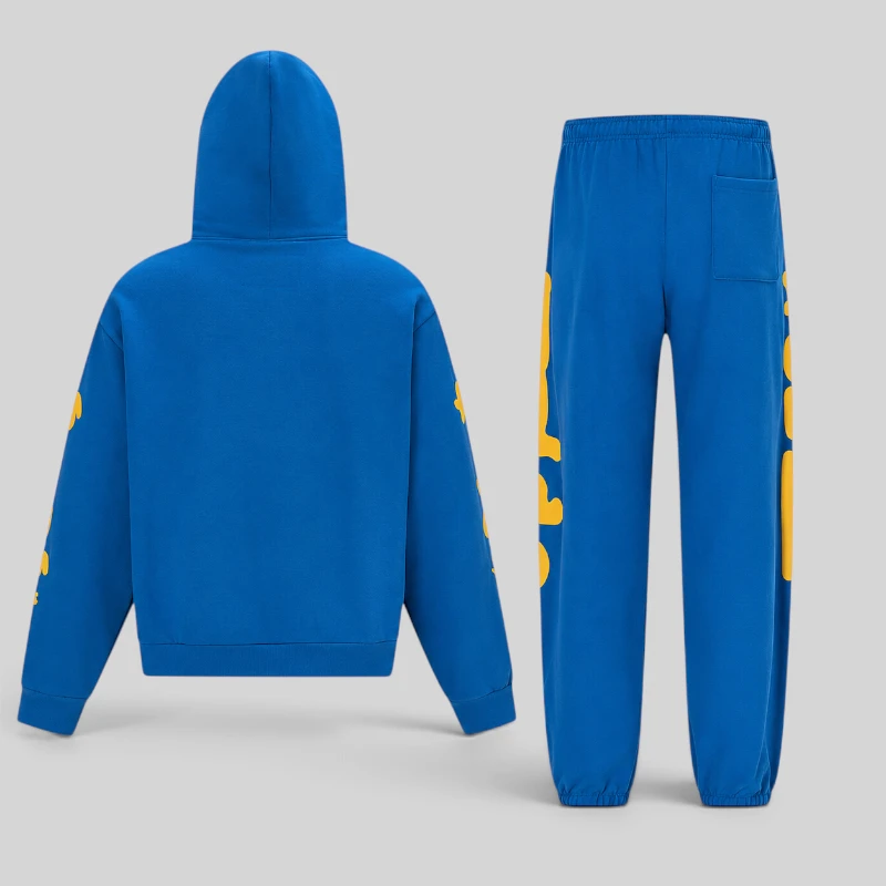 Back view of the official Sp5der Beluga Tracksuit in TC Blue, featuring premium heavyweight cotton fleece design.