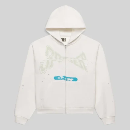 Front view of the Sp5der T&F Zip Up Hoodie in white, featuring signature graphic prints and a front zip closure.