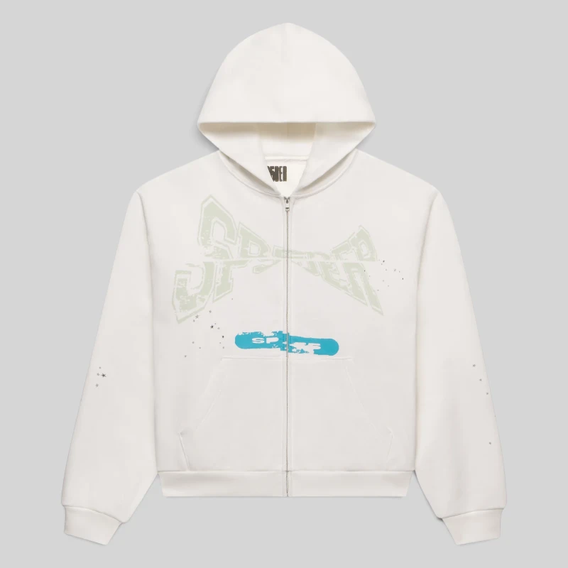 Sp5der T&F Zip Up Hoodie White Front View Graphic Detail Front view of the Sp5der T&F Zip Up Hoodie in white, featuring signature graphic prints and a front zip closure.