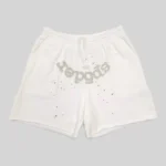 Front view of white Sp5der T&F fleece sweatshorts featuring signature star and puff print graphic design details.