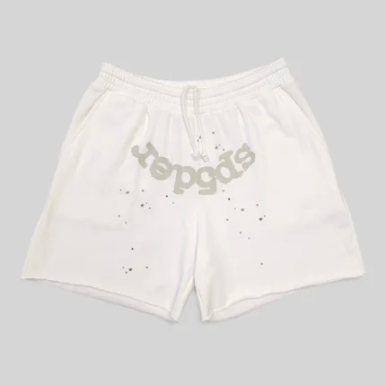 Front view of white Sp5der T&F fleece sweatshorts featuring signature star and puff print graphic design details.