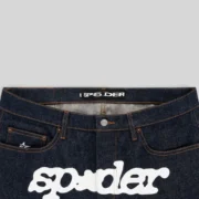 Closeup view of the Sp5der V3 Logo Denim Short in Indigo featuring the branded waistband and graphic front print.