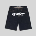 Front view of the Sp5der V3 logo denim shorts in indigo blue with a large white graphic logo on the center front.