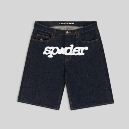 Front view of the Sp5der V3 logo denim shorts in indigo blue with a large white graphic logo on the center front.