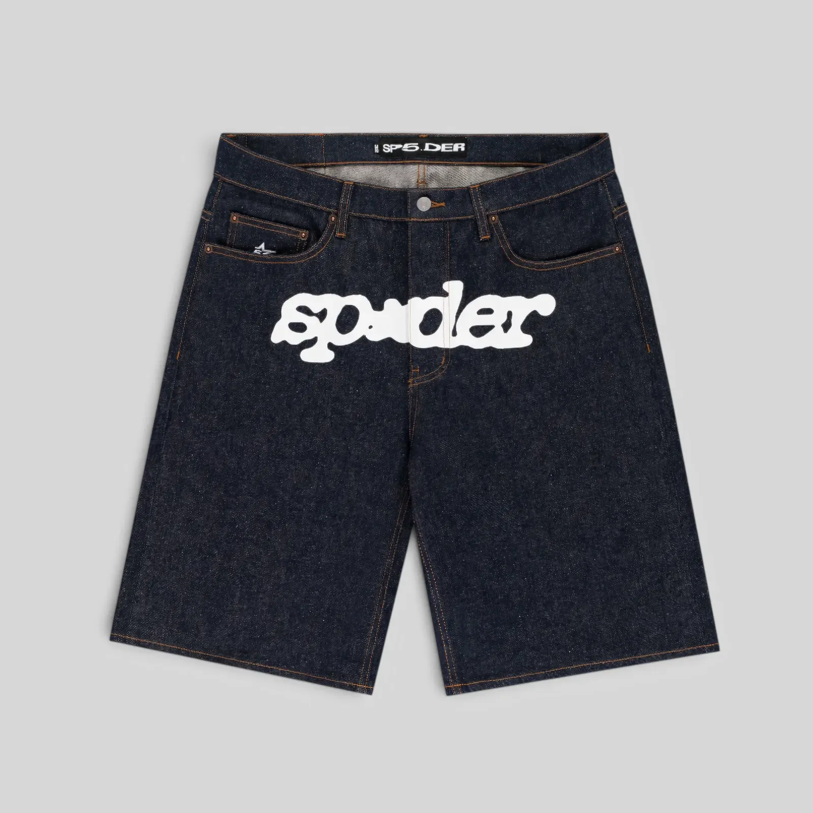 Front view of the Sp5der V3 logo denim shorts in indigo blue with a large white graphic logo on the center front.