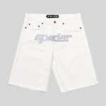 Front view of the premium Sp5der V3 Logo Denim Short in a crisp white colorway from the SS25 streetwear collection.