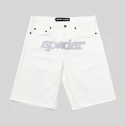 Front view of the premium Sp5der V3 Logo Denim Short in a crisp white colorway from the SS25 streetwear collection.