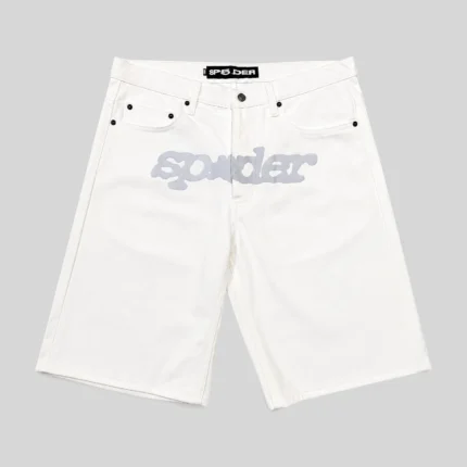 Front view of the premium Sp5der V3 Logo Denim Short in a crisp white colorway from the SS25 streetwear collection.