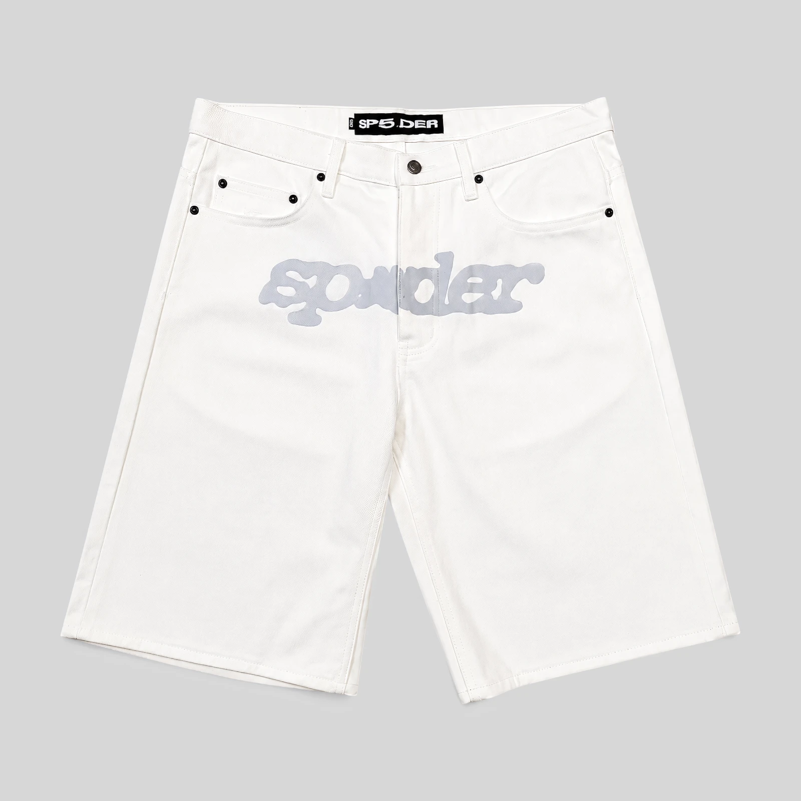 Front view of the premium Sp5der V3 Logo Denim Short in a crisp white colorway from the SS25 streetwear collection.