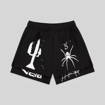 Front view of the Sp5der VAA Double Layer Short in black, featuring white graphic prints and technical nylon design.