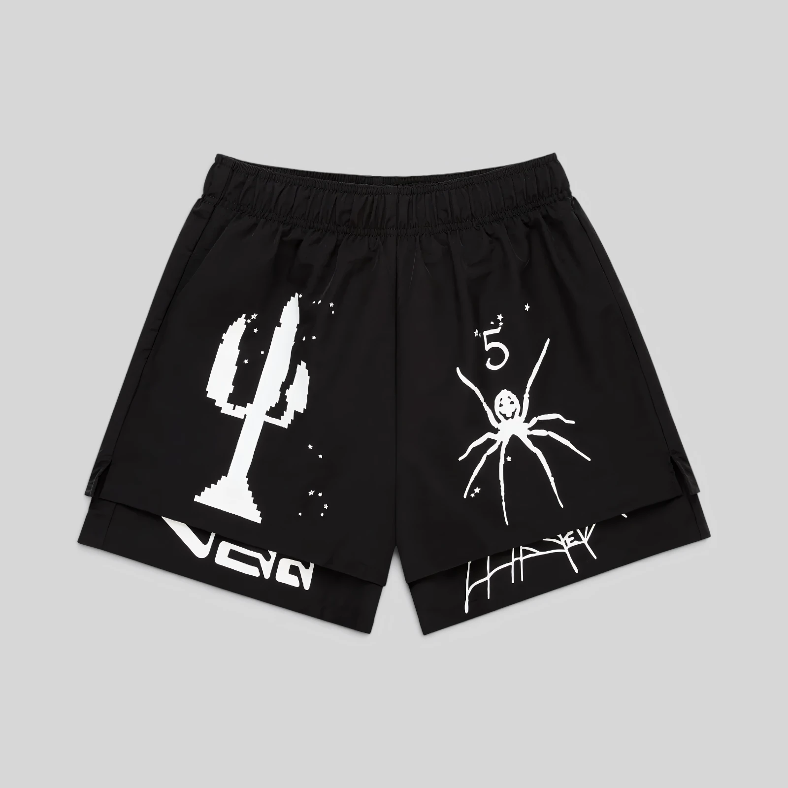 Front view of the Sp5der VAA Double Layer Short in black, featuring white graphic prints and technical nylon design.