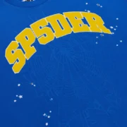 Close-up view of the Sp5der Varsity Web Crewneck in blue featuring bold yellow front text and web graphics.