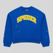 Front view of the blue Sp5der Varsity Web Crewneck featuring yellow signature branding and scattered star graphics.